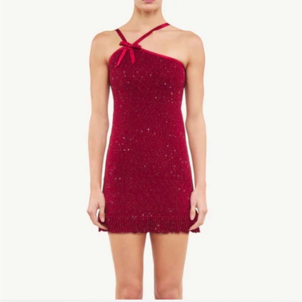 Asymmetric One-Shoulder Red Knit Mini Dress with Bow Strap